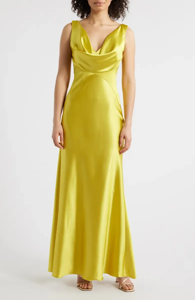 Simple Fitted V Neck Sleeveless Satin Floor-Length Prom Dress